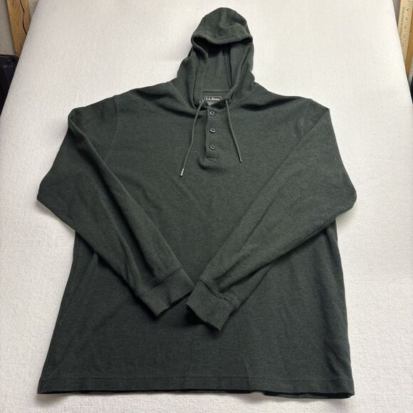 LL Bean Hooded Waffle Knit Buttoned Henley Forest Green Mens Large - Picture 1 of 6